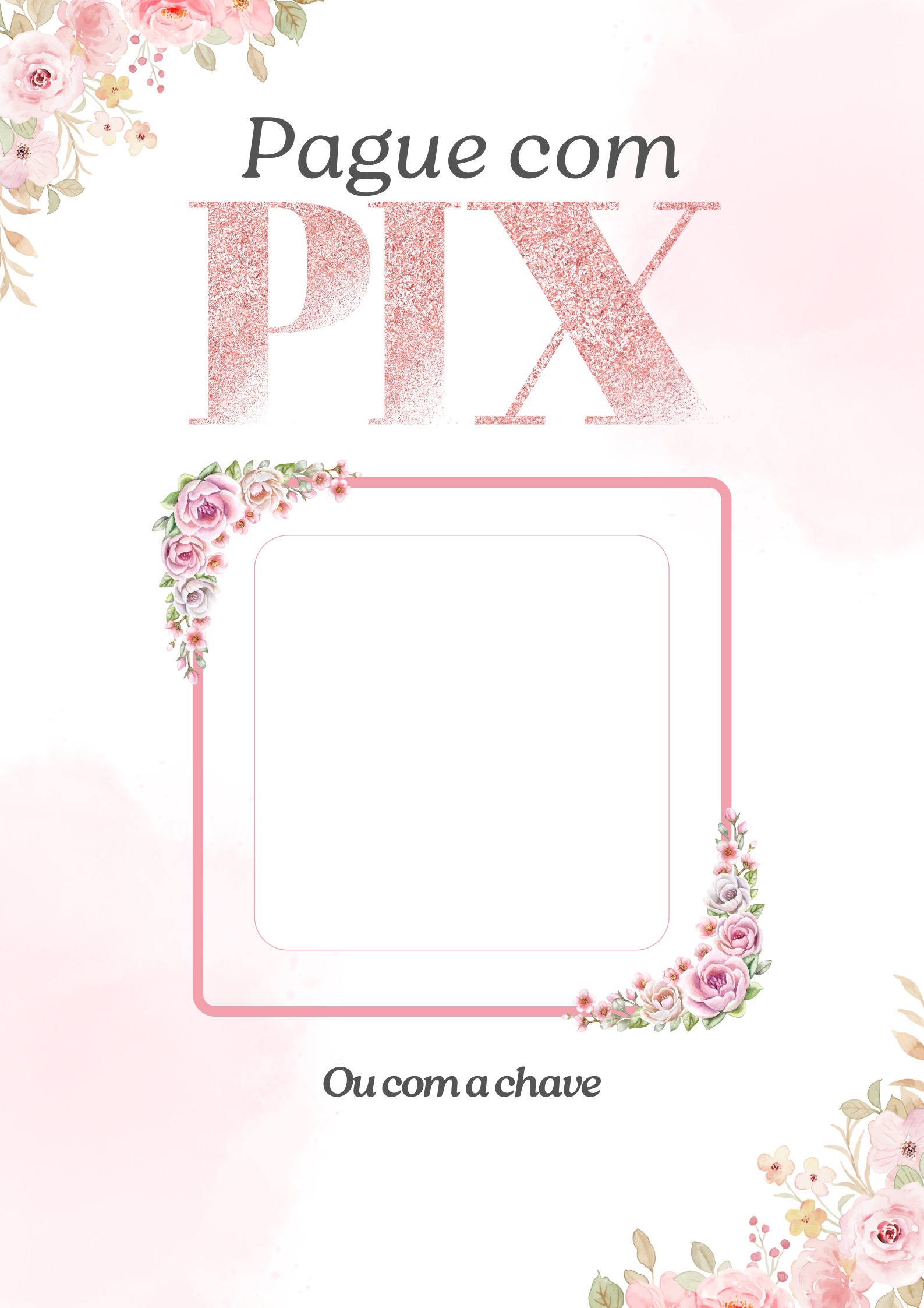 Modelo de placa PIX Rosa com Flores em tons de rosa, com elementos florais